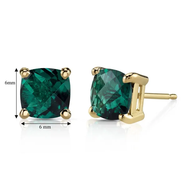 Oravo 14K Yellow Gold 1 3/4ct TGW Created Emerald Cushion-cut Stud Earrings