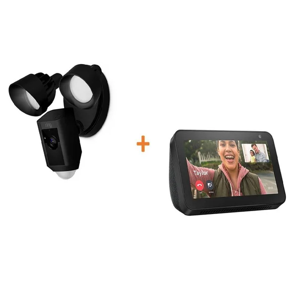 Amazon Wired Outdoor Wi-Fi Security Camera with Motion Activated Floodlight in Black with Echo Show 5 in Charcoal