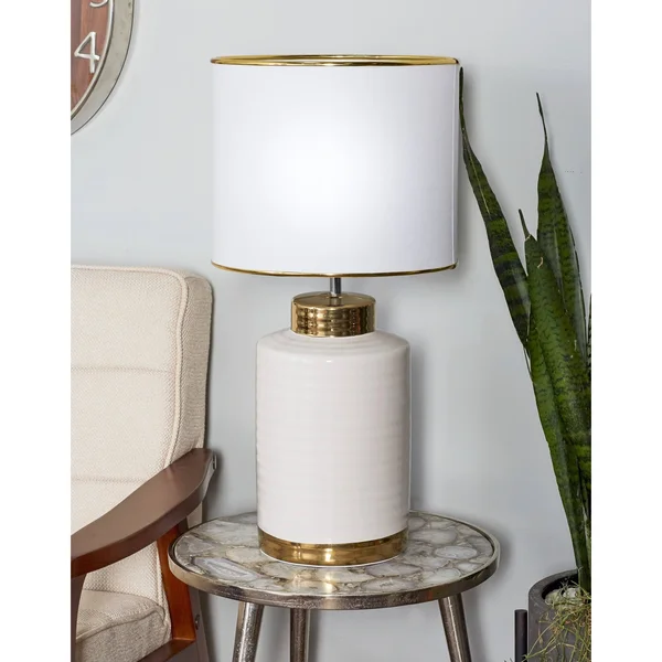 CosmoLiving by Cosmopolitan Large Contemporary Style Round White Gold Ceramic Table Lamp with White Drum Shade