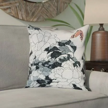 Bloomsbury Market Clair Peonies with Butterfly Square Linen Pillow COVER - Size: 26 inch x 26 inch, Gray