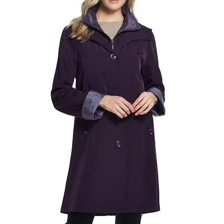 Women's Gallery Contrast-Trim Hood Rain Jacket - Size: Medium, Purple