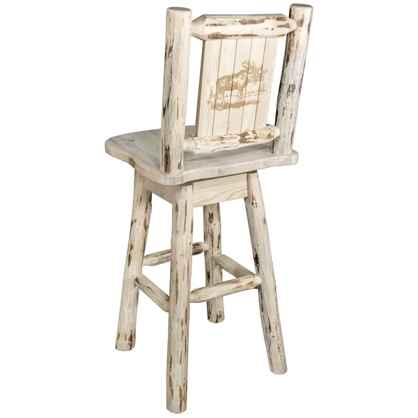 Montana Collection Barstool w/ Back & Swivel w/ Laser Engraved Moose Design - Clear Lacquer Finish