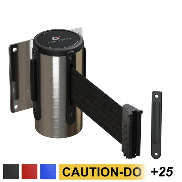 Wall Mounted Retractable Belt Barrier Fixed, Stainless Steel Case - 7.5 to 10 ft. Belt, CCW Series WMB-120 by Crowd Control Ware