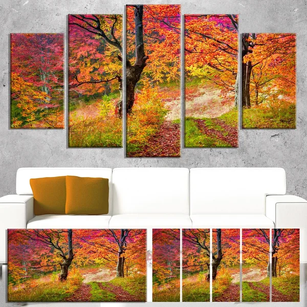Designart &Bright Colorful Fall Trees in Forest& Large Landscape Art Canvas Print - Orange - 60 in. Wide x 32 in. High - 5 Panel