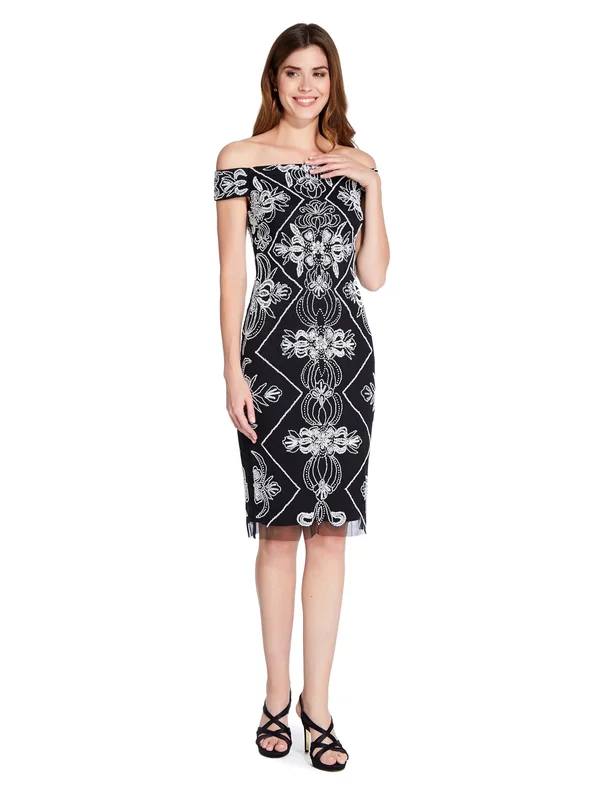 Adrianna Papell Womens Beaded Off-The-Shoulder Party Dress, Black White