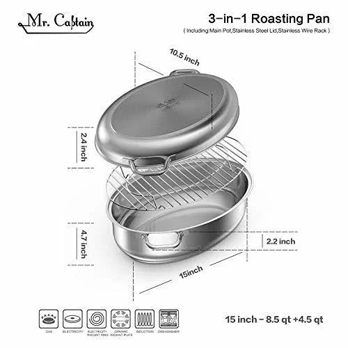 Mr Captain Roasting Pan with Rack and Lid 8.5 Quart, 18/10 Stainless Steel Multi-Use Oval Roaster, Induction Compatible Dishwasher
