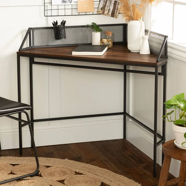 Miro Urban Industrial Corner Desk with Pen Storage Brown - Saracina Home