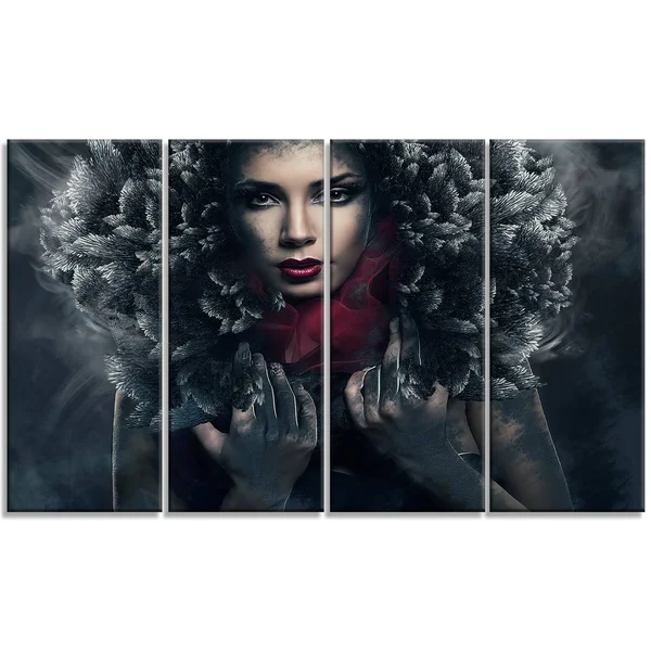 Design Art Passionate Woman in Feather Hood - Art Portrait Canvas Print, 60 x 28 5 Equal Panel