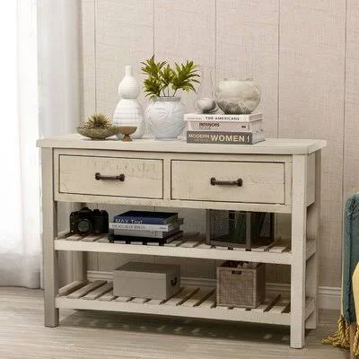 Retro Console Table for Entryway with Drawers and Shelf Living Room Furniture (Antique White) Longshore Tides Color: Gray