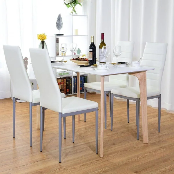 4 Pcs PVC Leather Dining Side Chairs Elegant Design -White