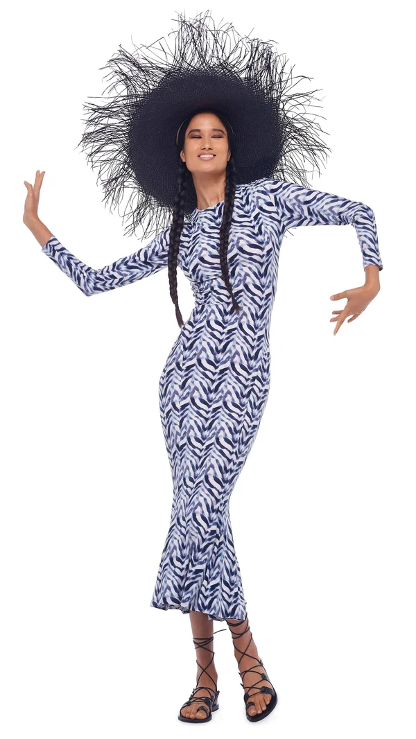 Norma Kamali Long Sleeve Fishtail Dress Chevron Zebra Xs