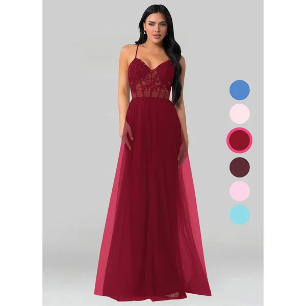 Azazie A-Line/Princess V-Neck Floor-Length Tulle Bridesmaid Dresses - Burgundy