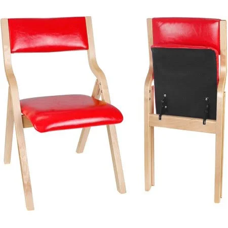 Natural Beechwood Solid Wood Folding Chair Armless with Vinyl Padded Seat Back for Home Dining Desk 2set Red