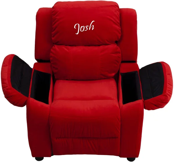 Flash Furniture Personalized Deluxe Padded Red-Microfiber Kids Recliner with Storage Arms