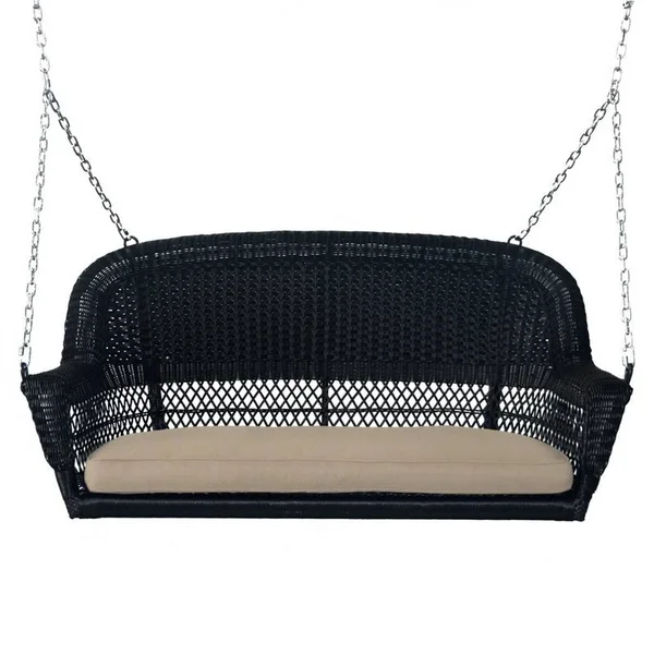 Jeco W00207S-D-FS006 Black Wicker Porch Swing with Tan Cushion
