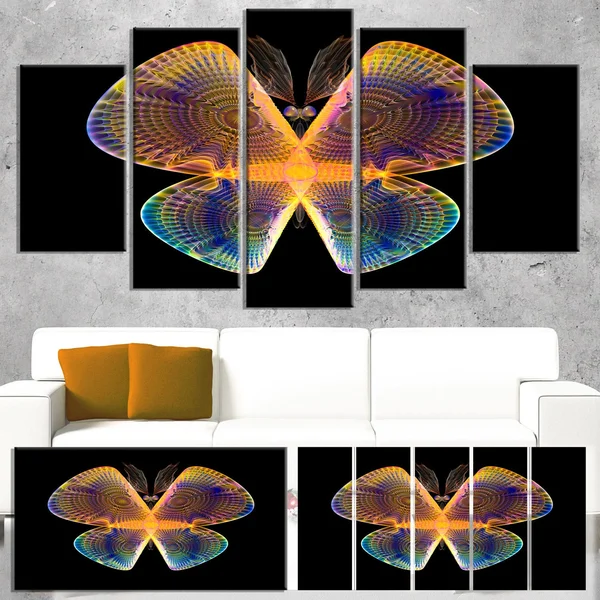 Design Art 'Blue Yellow Fractal Butterfly in Dark' Graphic Art on Wrapped Canvas, Size: 28 inch H x 60 inch W x 1.5 inch D