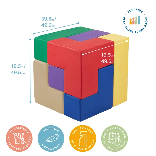 Ecr4kids Softzone Brainy Soft Foam Blocks - Soma Cube Puzzle, Assorted Colors (7-Piece Set)