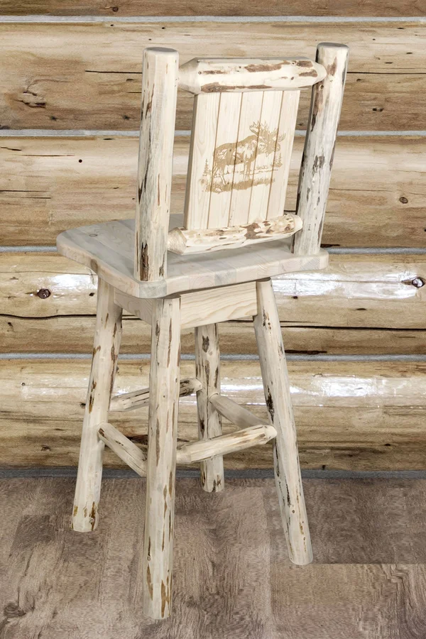 Montana Collection Barstool w/ Back & Swivel w/ Laser Engraved Moose Design - Clear Lacquer Finish