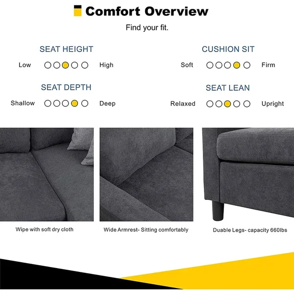 Futzca Convertible Sectional Sofa Couch with Reversible Chaise, Modern Linen Fabric L-Shaped Couch for Small Space - Ash