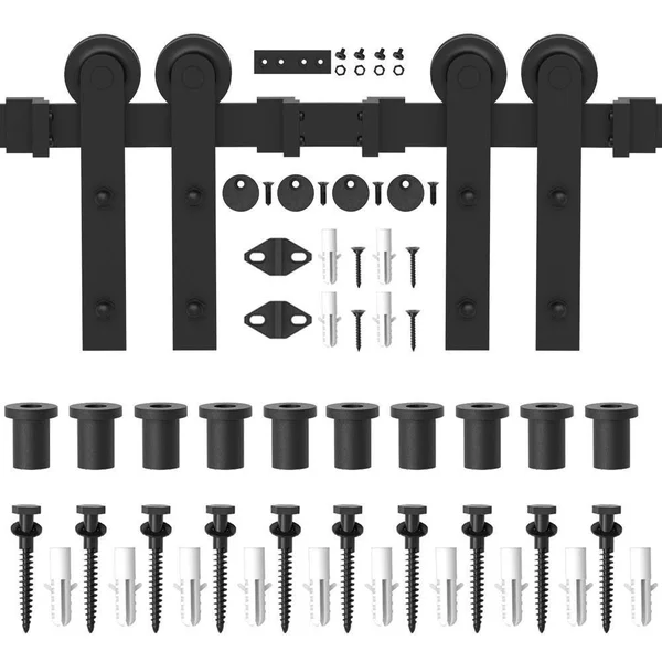 Winsoon 12 ft./144 in. Frosted Black Strap Sliding Barn Door Track Hardware Kit for Double Wood Doors Non-Routed Floor Guide