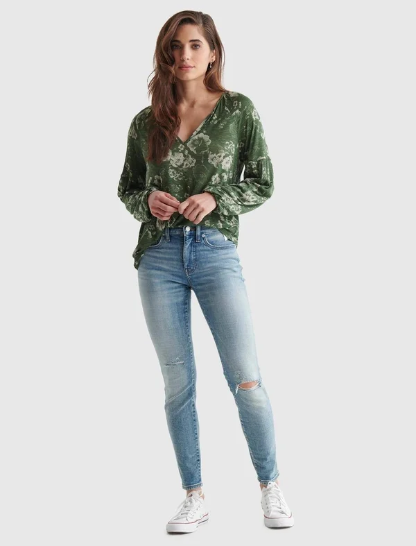 Lucky Brand Peasant Top 2 Women's Blouse Navy Multi : XL (US 12-14)