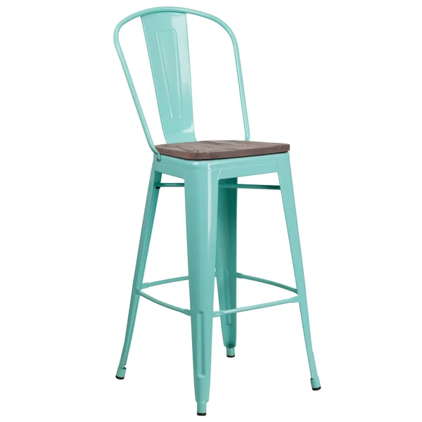 Flash Furniture 30x22 High Metal Barstool with Back and Wood SEAT, Mint Green