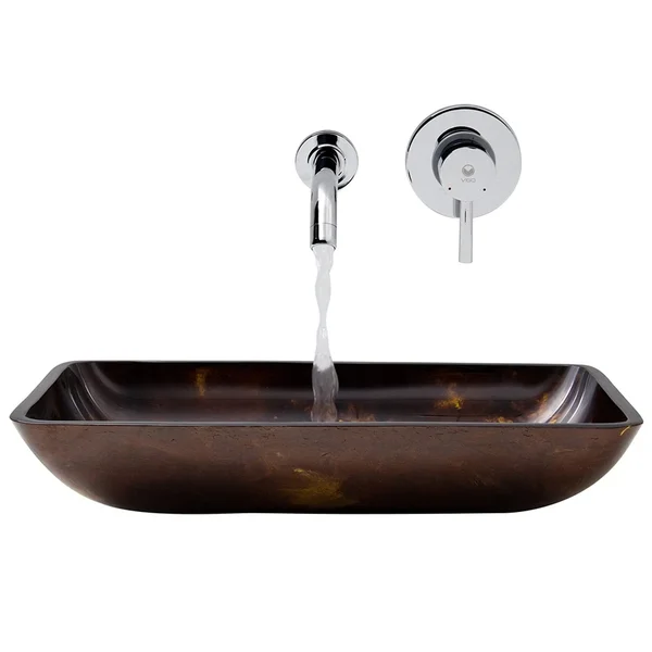 Vigo VGT278 Rectangular Brown and Gold Fusion Glass Vessel Sink and Wall Mount Faucet Set - Chrome