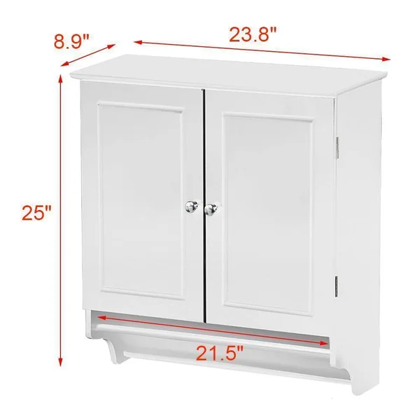 Yaheetech Bathroom/Kitchen Wall Mounted Cabinet White Double Door & Hanging Bar Storage Cupboard CAMPN00050504, 24 x 9 x 25"