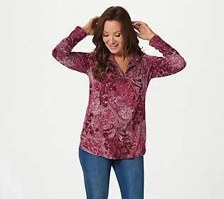 Susan Graver Printed Brushed Liquid Knit Mock- Neck Top - Size Large, Wine