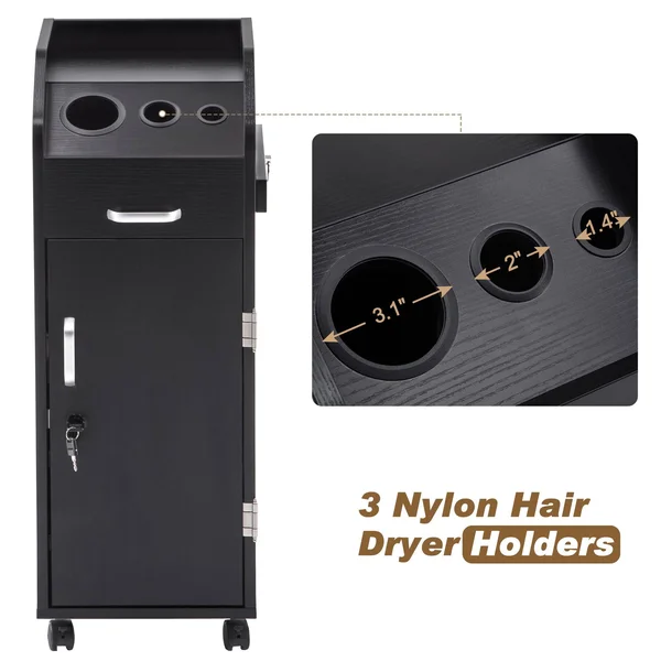 BarberPub Salon Trolley Storage Cart Coloring Beauty Hair Dryer Holder Stylist, Black