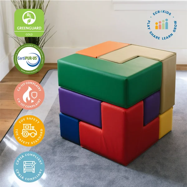 Ecr4kids Softzone Brainy Soft Foam Blocks - Soma Cube Puzzle, Assorted Colors (7-Piece Set)