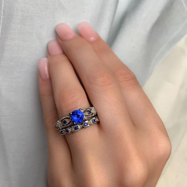 Miadora 10K White Gold Created Blue Sapphire 1/10ct TDW Diamond Vintage Bridal Set - 9