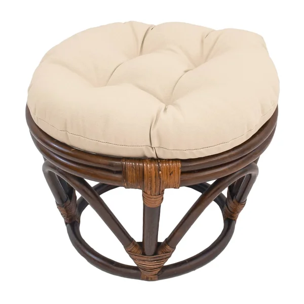 International Caravan 46cm Bali Rattan Papasan Footstool with Cushion - Solid Twill Fabric - Eggshell - Eggshell