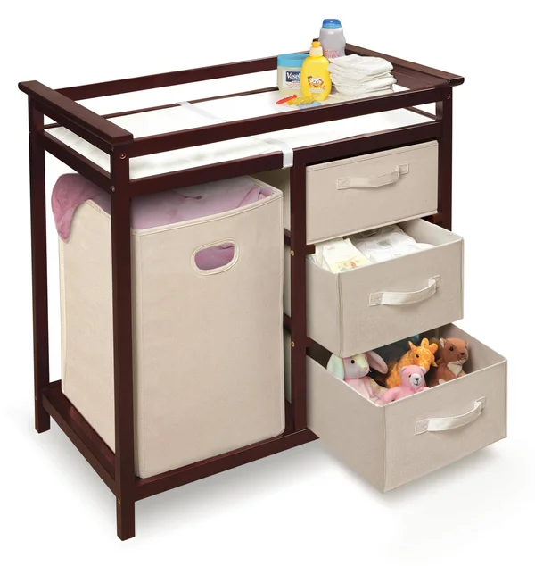 Badger Basket Cherry Modern Changing Table with 3 Baskets and Hamper