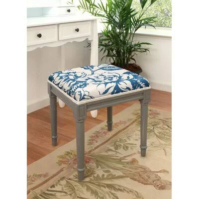 Grey Peony Linen Upholstered Vanity Stool with Distressed Grey Finish and Welting Ophelia & Co. Frame Color: Gray - Seat Colo