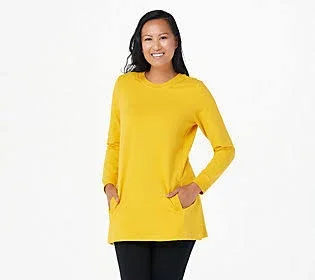 Denim & Co. Active Crew Neck Long Sleeve Tunic w/ Pockets, Size XX-Small, Marigold