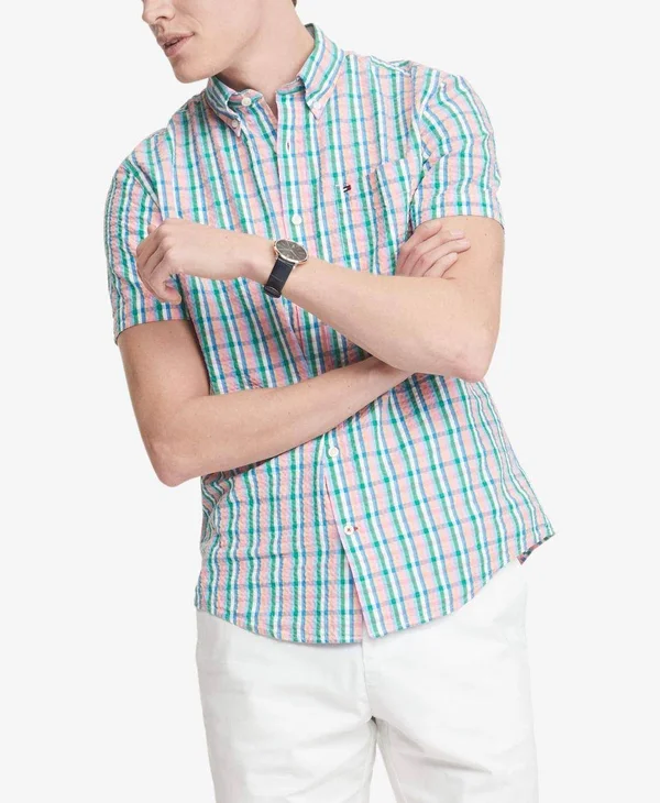 Tommy Hilfiger Men's Custom-Fit Taron Seersucker Check Short Sleeve Shirt - Rose Bloom
