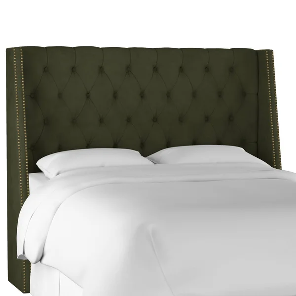 Twin Nail Button Tufted Wingback Headboard in Velvet Loden Green - Skyline Furniture