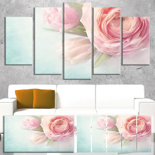 Designart PT14222-60-28 Pink Flowers Against Blue Background Canvas Artwork Print, 60X28x22