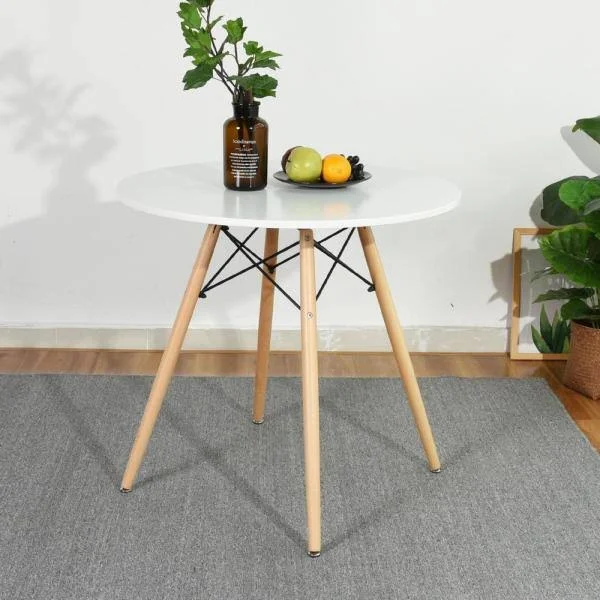 Furniturer Chad White Top Beech Legs Round Dining Table, White Beech