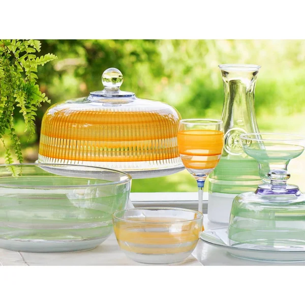 Set of 2 Orange Retro Stripe Hand Painted Glass Serving Bowls 6x22