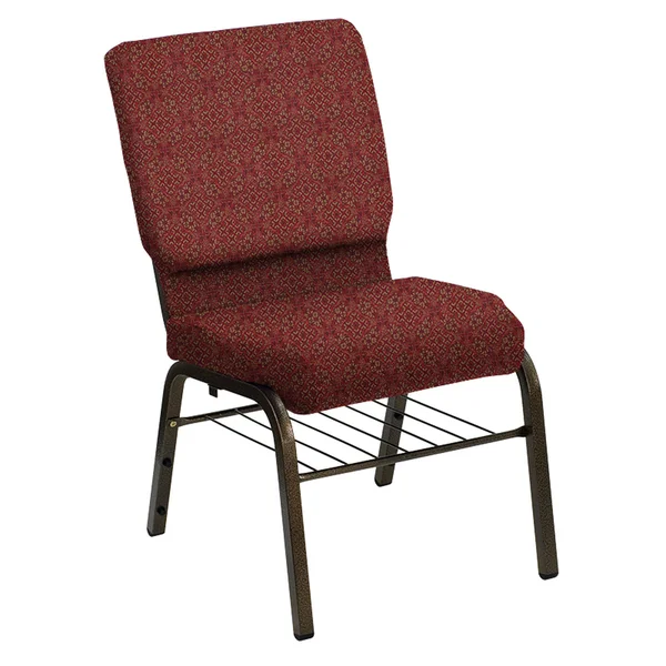 Flash Furniture Hercules Series 18.5x22W Church Chair in Faith Cranberry w/ Book Rack - Gold Vein Frame, Steel/Fabric, NG-CH-185