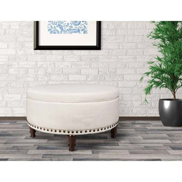 Copper Grove Strawflower Round Storage Ottoman - Linen