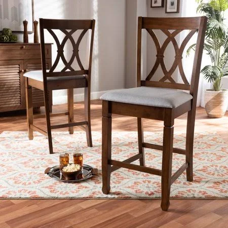 Baxton Studio Reneau Modern and Contemporary Grey Fabric Upholstered Walnut Brown Finished 2-Piece Wood Counter Height Pub Chair