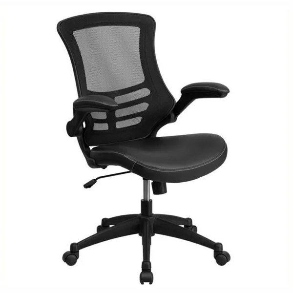 Scranton & Co Mid-Back Mesh Office Chair with Leather Seat in Black