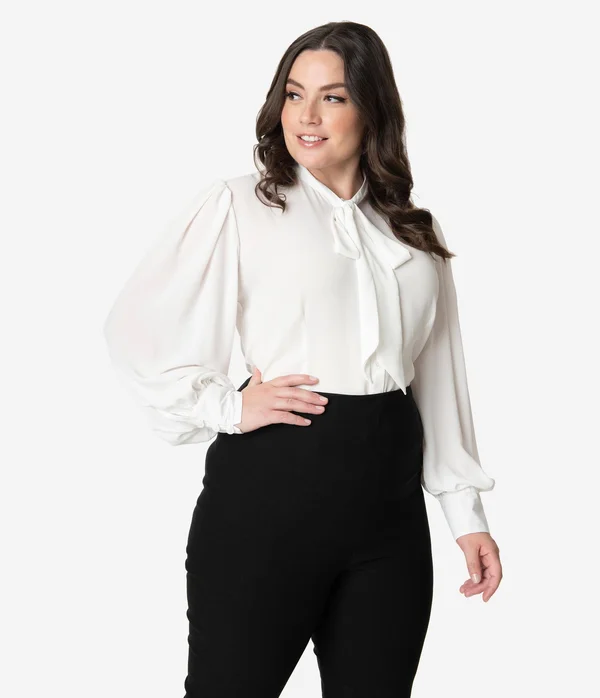 Unique Vintage Plus Size White Neck Tie Gwen Blouse, Size 2X/18