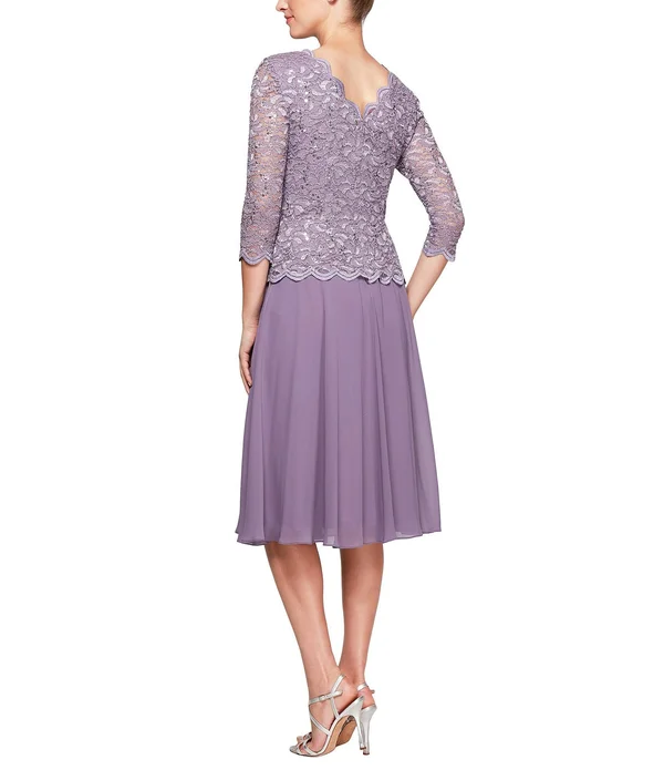 Alex Evenings T-Length Lace and Chiffon Mock Two Piece Dress - Blue