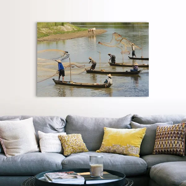 Fishermen Fishing on The River, Myanmar, Canvas Wall Art, 60x40, Great Big Canvas