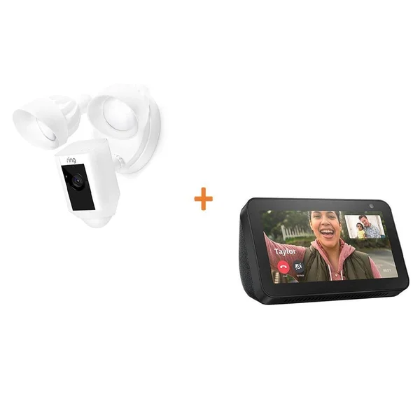 Amazon Wired Outdoor Wi-Fi Security Camera with Motion Activated Floodlight in White with Echo Show 5 in Charcoal