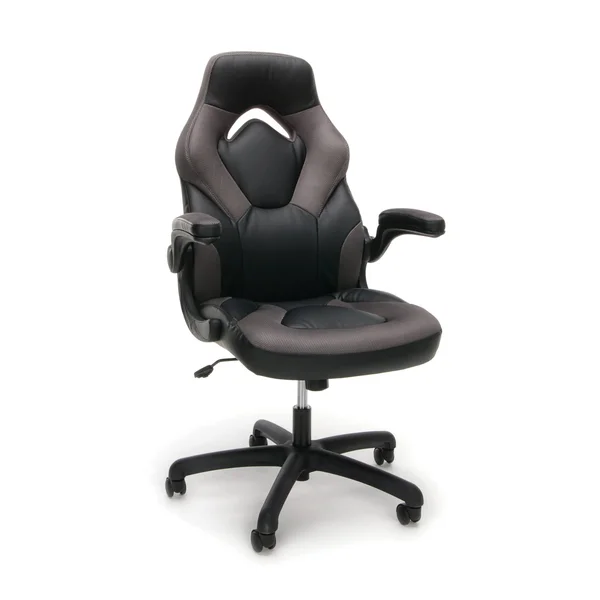 OFM Essentials Leather Racing Style Swivel Gaming Chair, Gray/Black